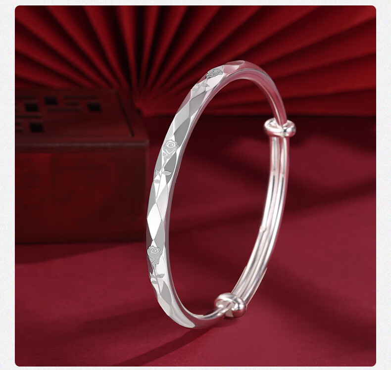 【中国黄金】足银999倾心玫瑰推拉银手镯时尚简约百搭女款实心银镯子
