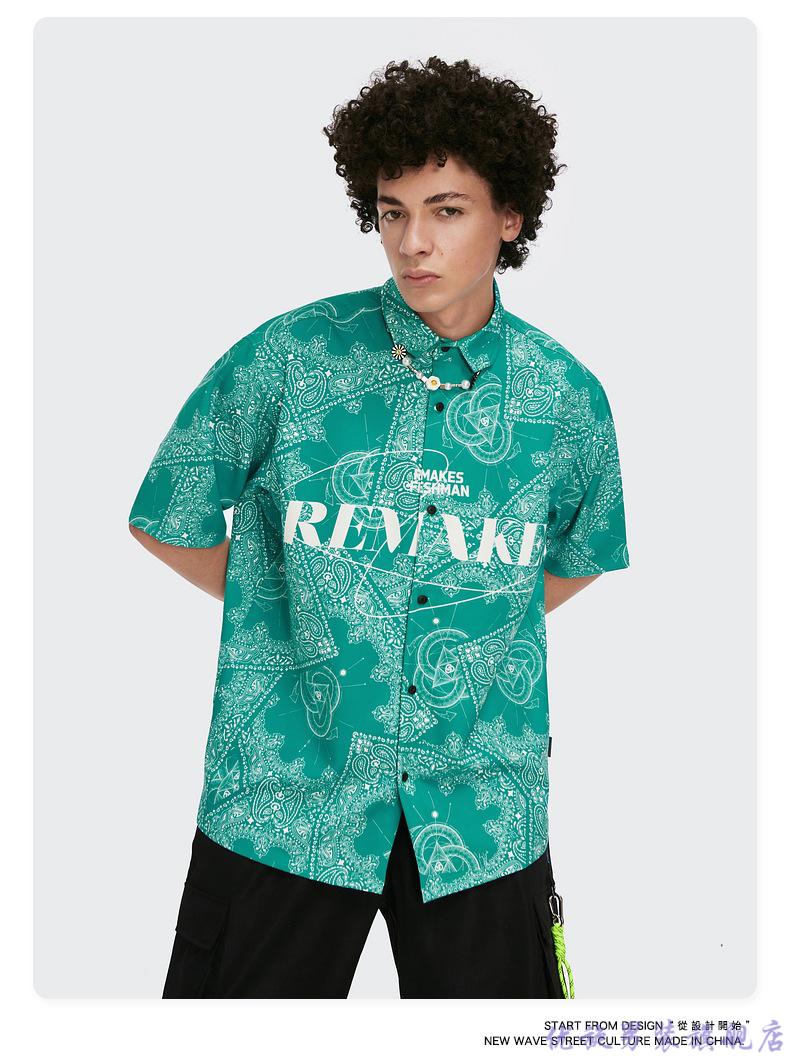 优旋欧美西海岸复古腰果花衬衫男夏季ins潮宽松衬衣潮牌痞帅短袖外套