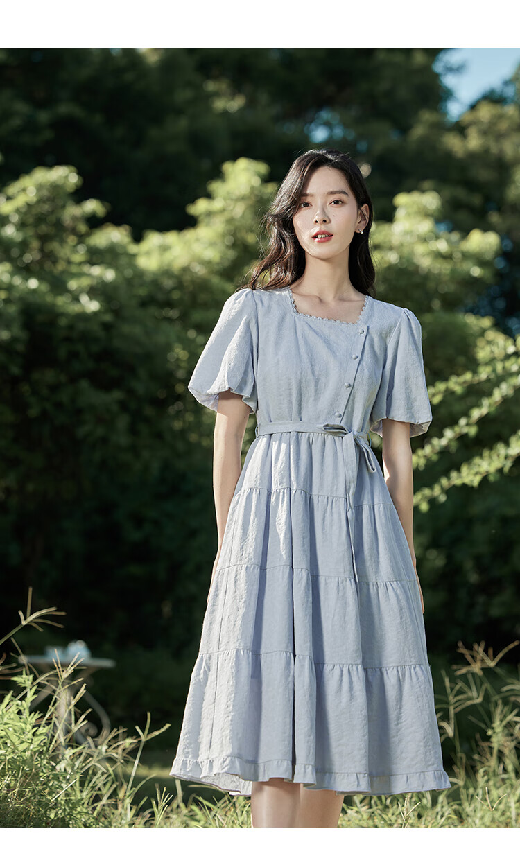 INMAN Summer French Waist-Cinching Jacquard Texture Women's Square Neck Dress, Artistic Style Puff Sleeve Dress, Blue, Size L 15