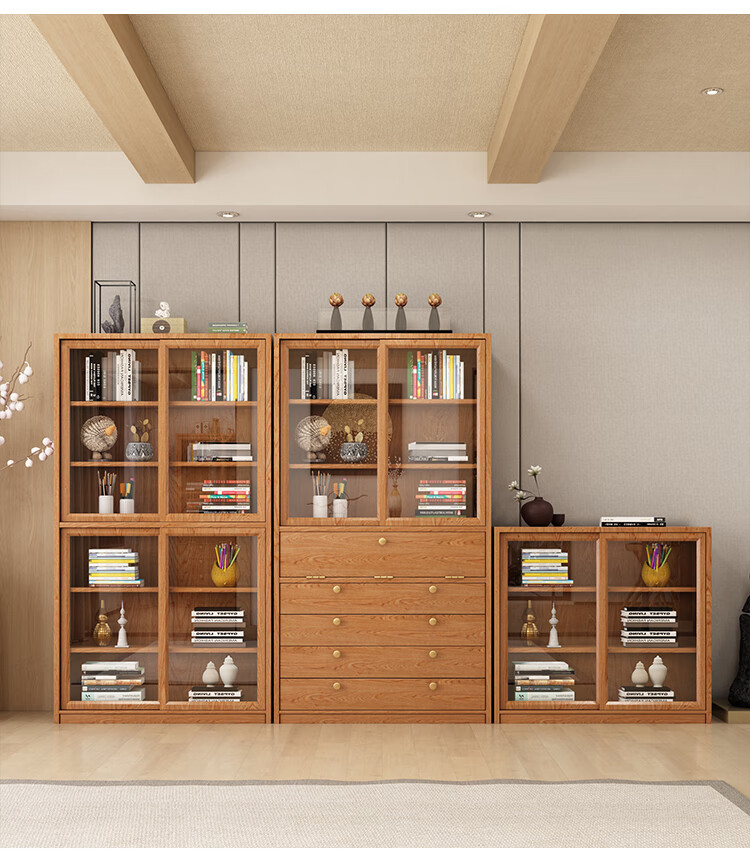 北欧储物收纳组合书柜日式实木推拉展示置物斗柜原木餐边窄柜家用玻璃