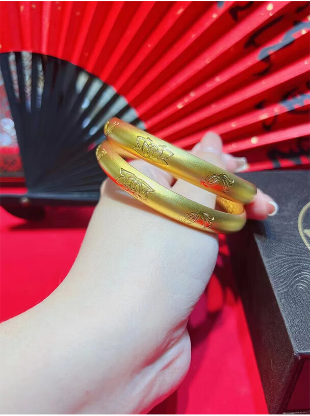 妙灵阁 古法金手镯莲花如意黄金镯子女新款磨砂宽面999足金扁圆镯子