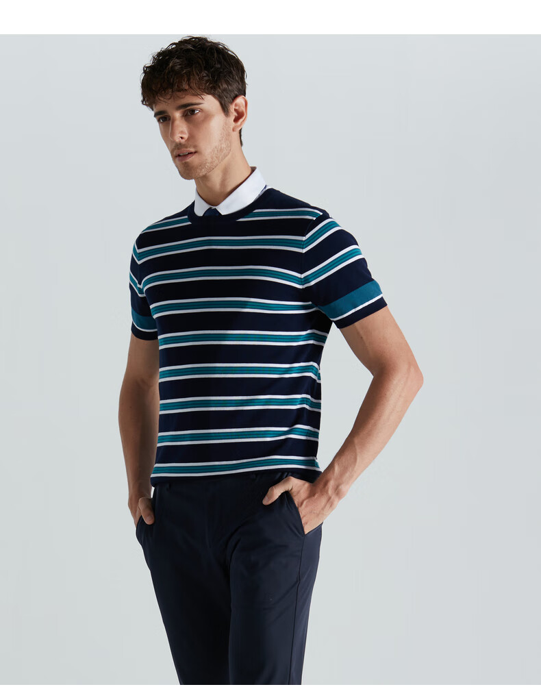 劲霸男装短袖天丝t恤2021夏季新款青年时尚条纹圆领上衣bttd2546 深兰