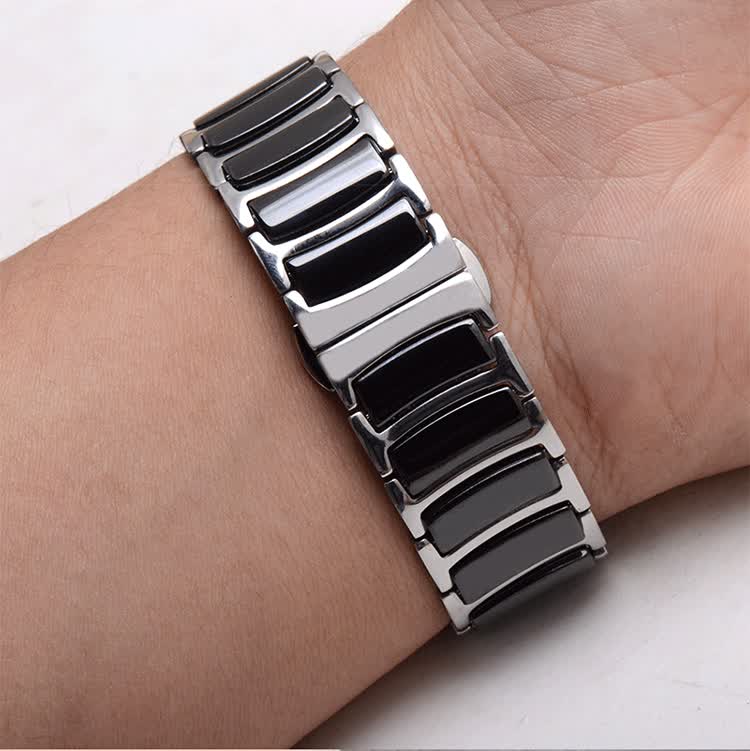 适用于适用表带间陶瓷表带 代用雷达6021男女 凸口间陶瓷表带钢带 银