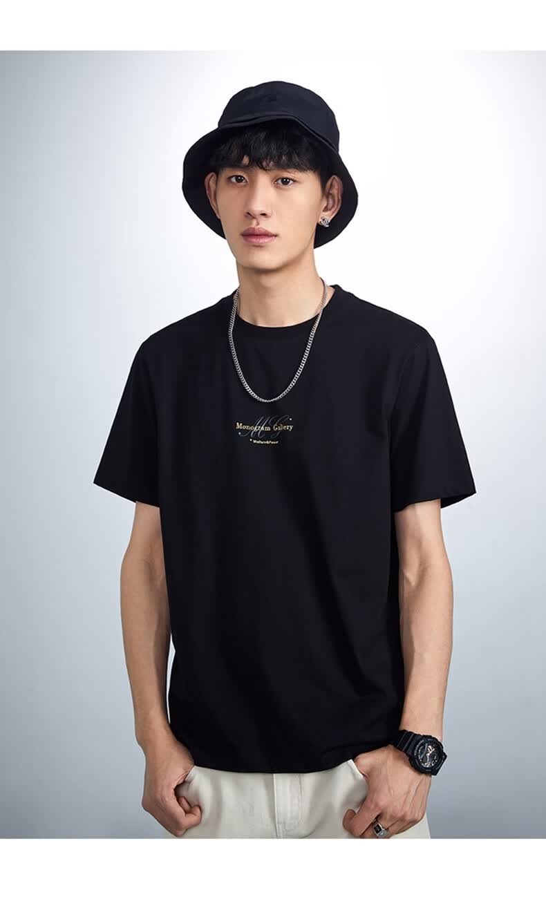 太平鸟男装 2021夏季新款短袖t恤男圆领金线刺绣t恤韩版上衣微弹 黑色