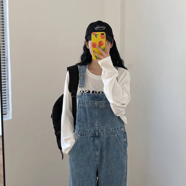 孕妇背带裤炸街牛仔背带裤女2021新款韩版宽松可爱日系小个子拖地直筒