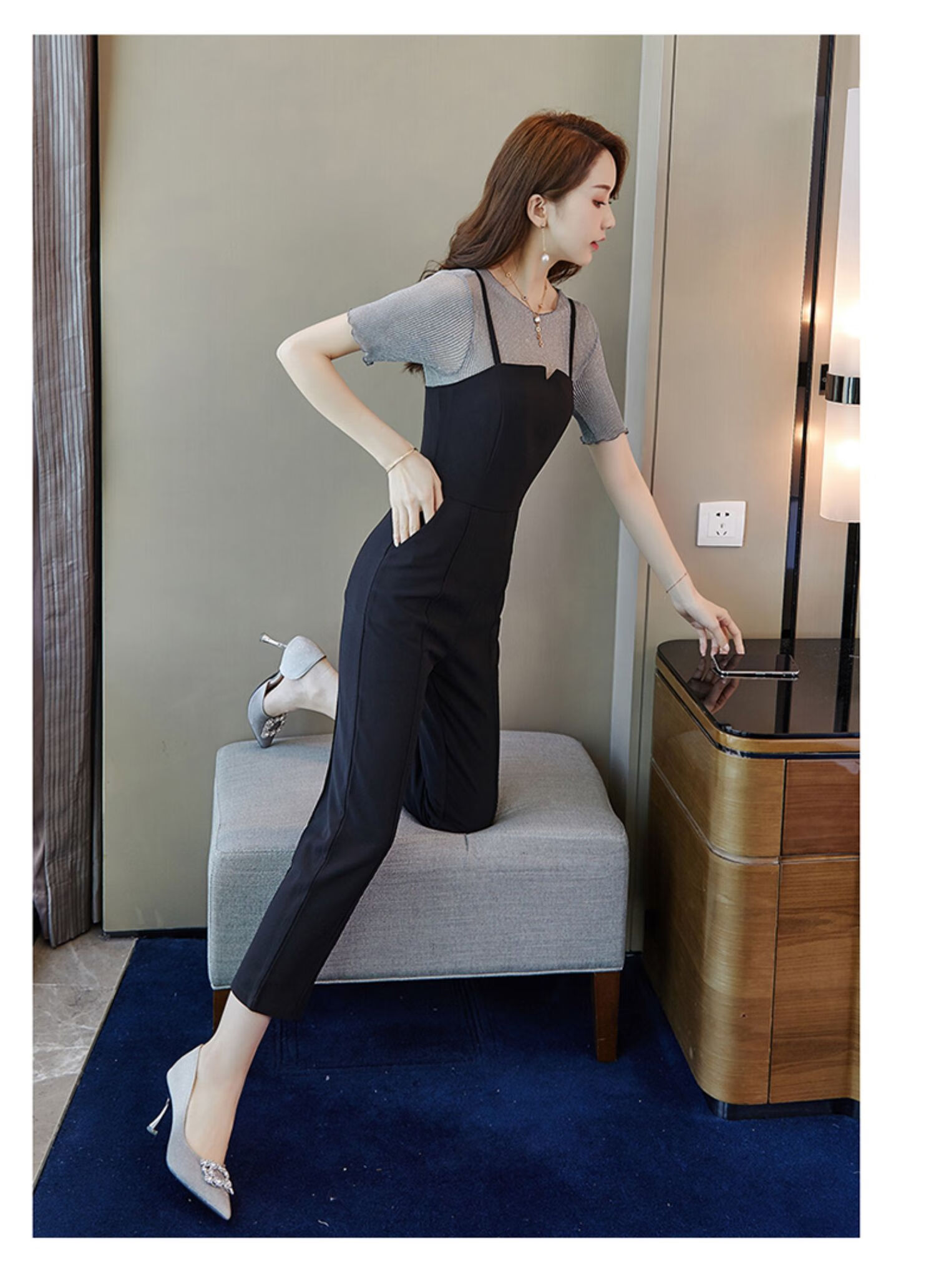 浪莎新品吊带抹胸连体裤高腰修身背带连衣直筒九分裤打底衫两件套装女