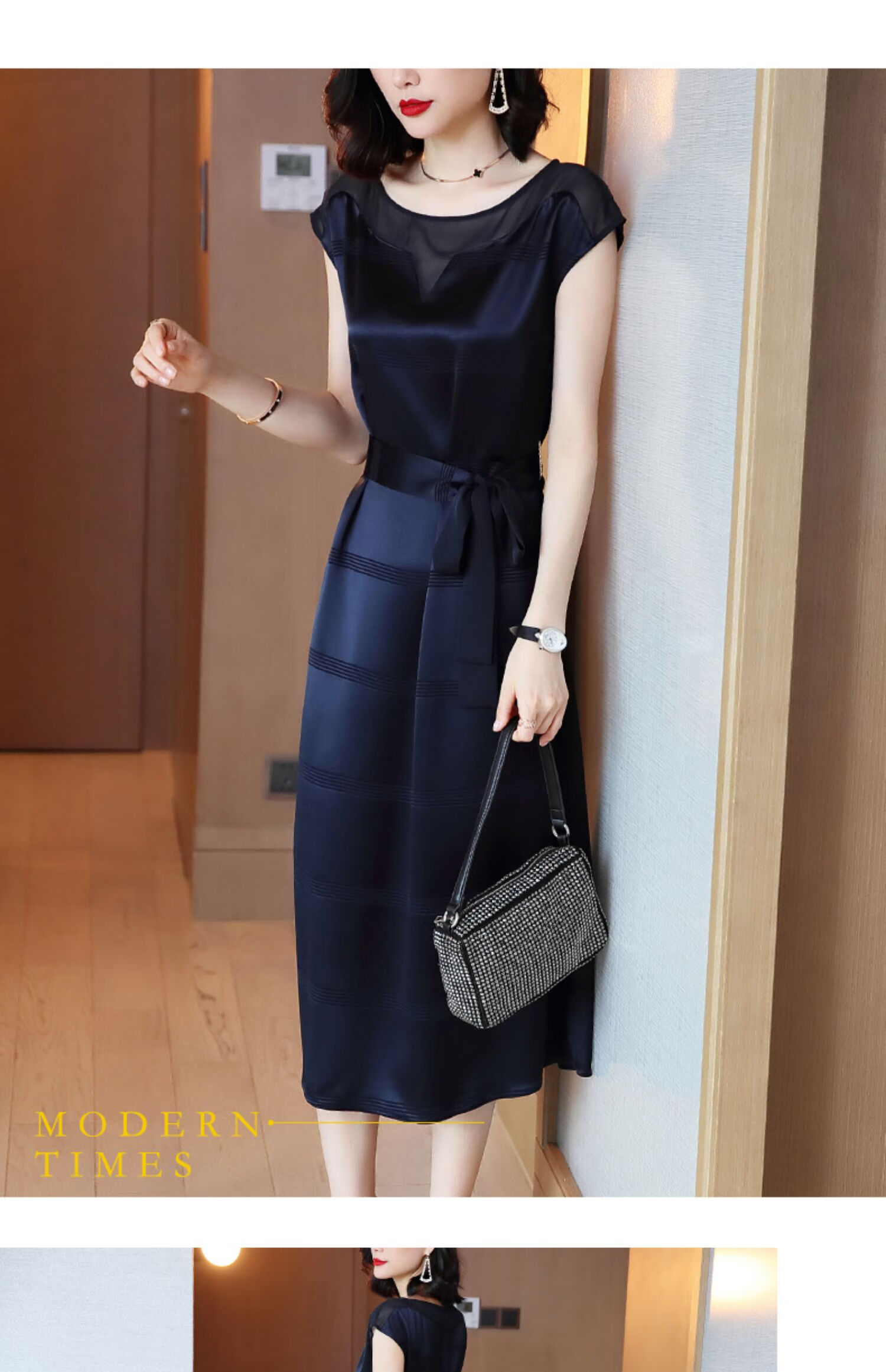 【爆款推荐】【商城正品】2021春季新款条纹短袖连衣裙女装修身过膝中