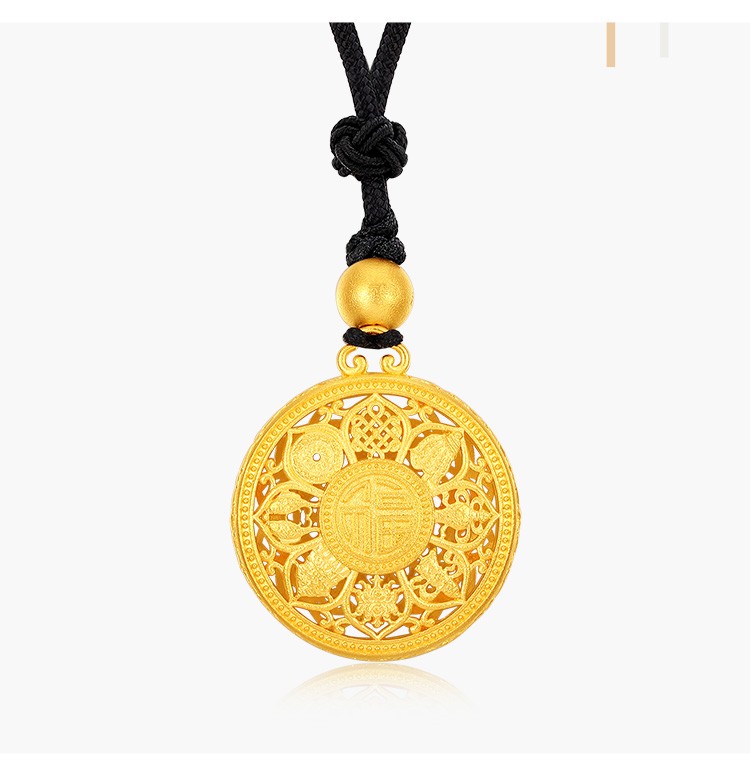 六桂福珠宝 莲纹八宝牌 古法黄金吊坠项链足金吊坠送配绳男女款电商