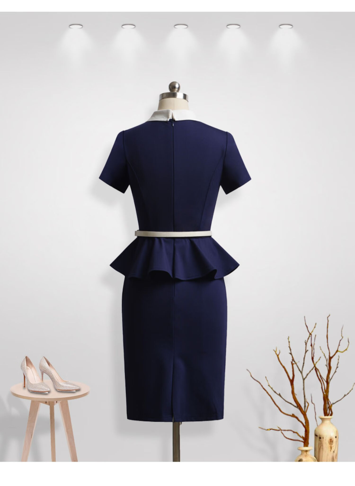 职业装短袖连衣裙2021夏季新款荷叶边ol气质修身美容院工作服工装 深