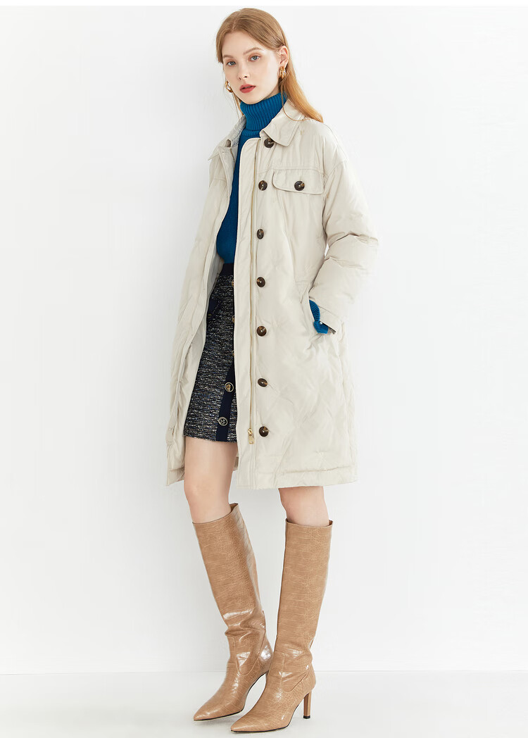 yiner音儿女装2020冬季新款系带中长款翻领羽绒服米色40