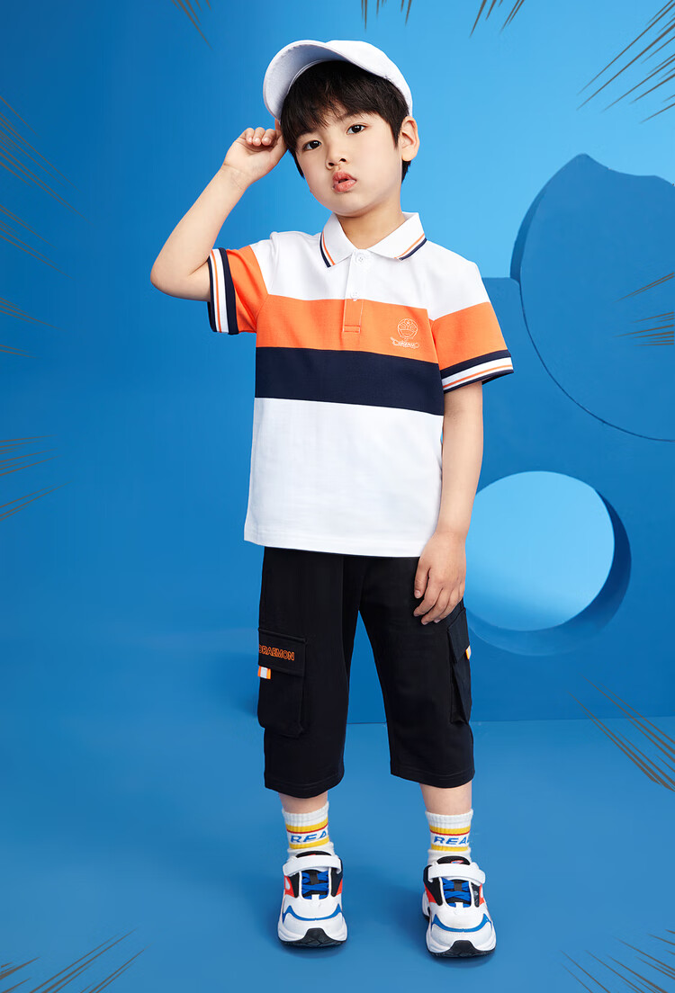 hla海澜之家撞色条纹短袖polo衫2021夏新品哆啦a梦套头衫儿童款hnte