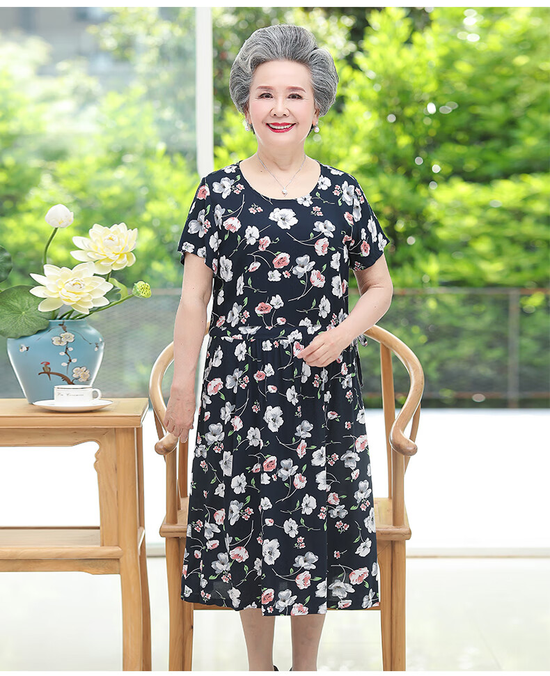 老太太裙子夏季老奶奶中老年人夏装女连衣裙棉绸宽松老人60岁70妈妈