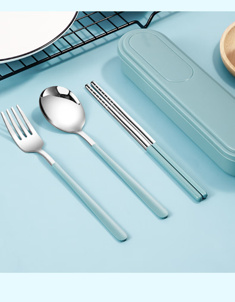 便携式筷子勺子套装单人装小学生餐具可爱三件套儿童便携餐具盒子银色