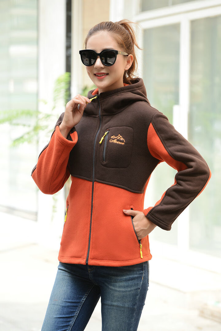 人连帽开衫秋季外套女新款春秋冬装妈妈摇粒绒抓绒上衣r橘色拼接xxl