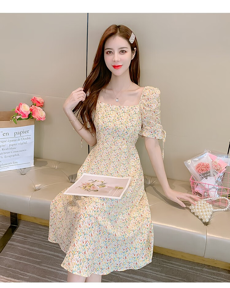 仙迪菁小个子显高裙装155矮个子穿搭夏季方领碎花雪纺连衣裙子女装