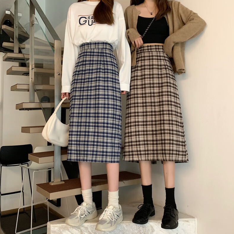 中长裙半身裙秋冬款少女学生复古格纹女秋遮胯显瘦高腰中长款包臀a字