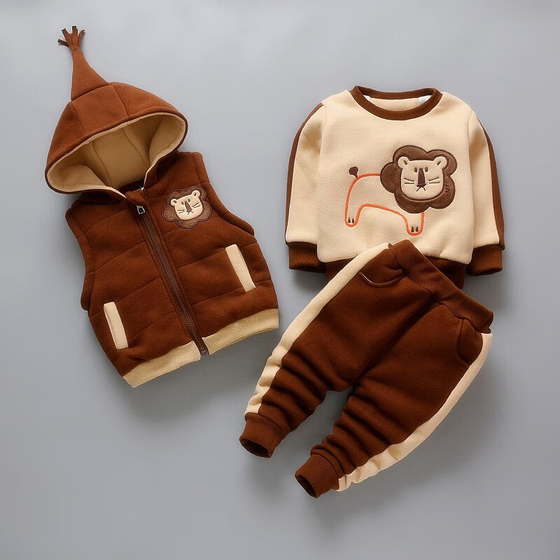卫衣加绒加厚三件套装冬装婴儿童装纯棉衣服 毛毛熊卫衣三件套粉色 73
