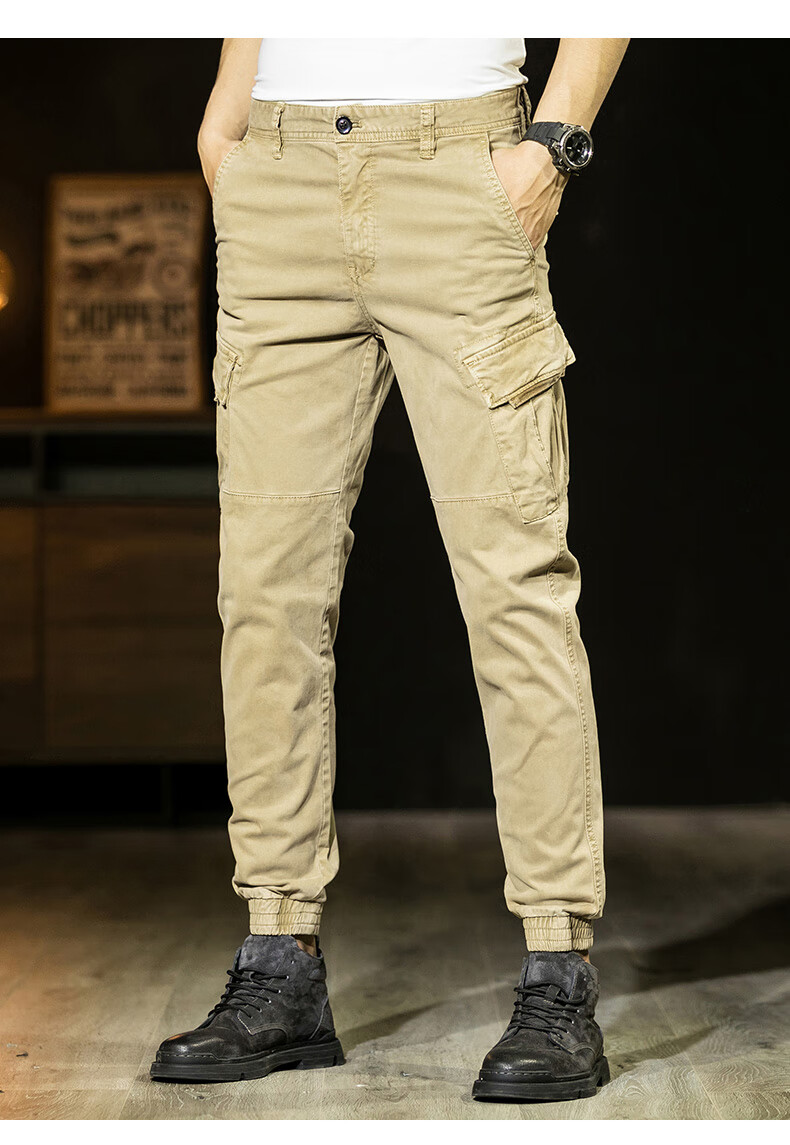 sirouaogo轻奢品牌男装机能工装裤子男士休闲长裤潮牌束脚修身卡其色