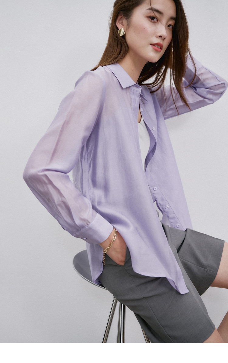 初棉2021新款 气质款蓝色通勤薄款天丝衬衫女夏设计感小众上衣 冰蓝色