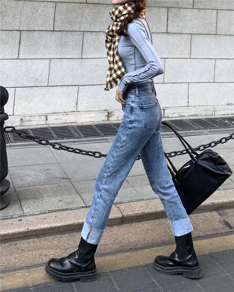 2022春季新款复古高腰直筒卷边牛仔裤女150cm设计感九分裤蓝色xs