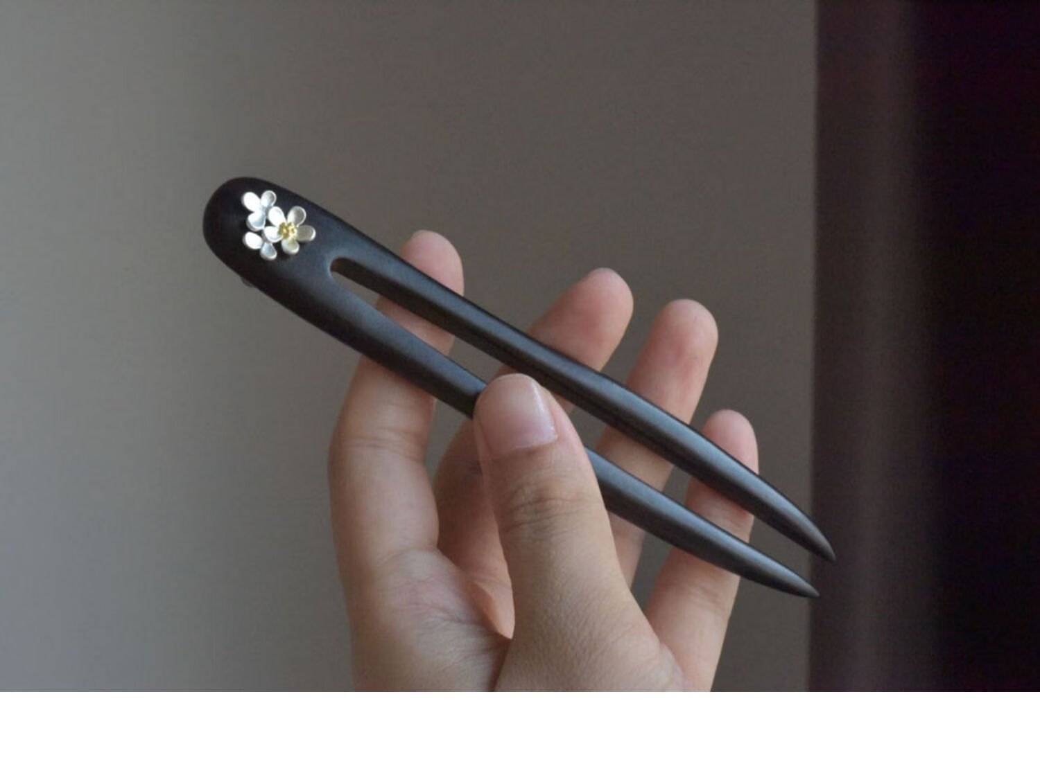 黑檀木发簪925银u型簪子发钗简约日常现代盘发头饰