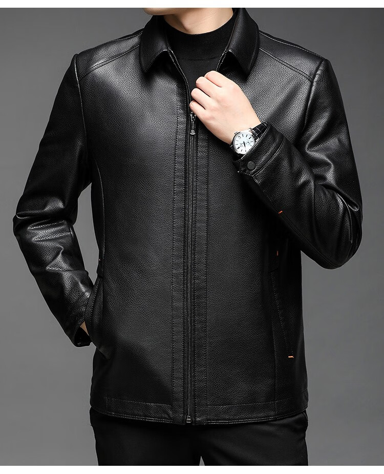 sirouaogo品牌进口头层牛皮皮衣男加绒短款休闲中年爸爸外套真皮皮