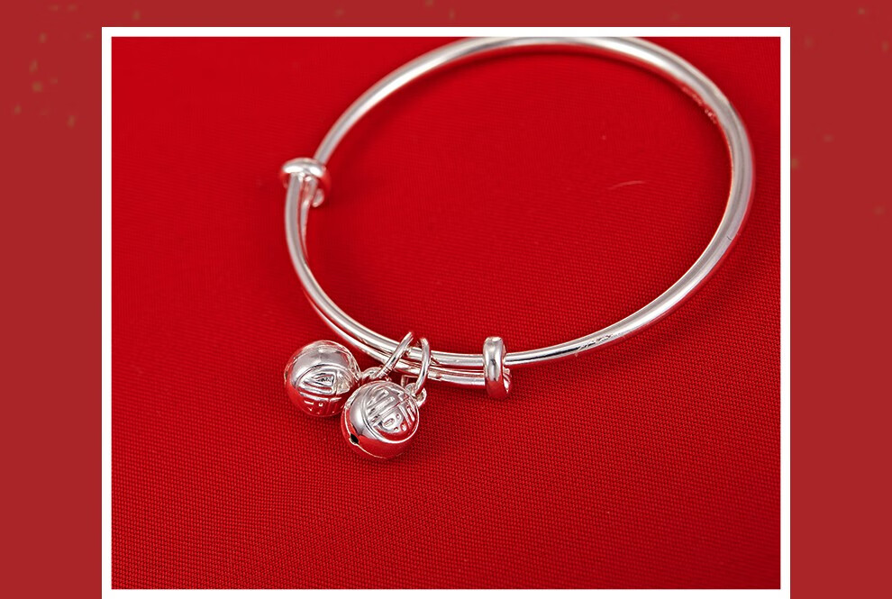 溪润999足银婴儿满月周岁生日礼物圆棍推拉铃铛银宝宝银脚镯999足银