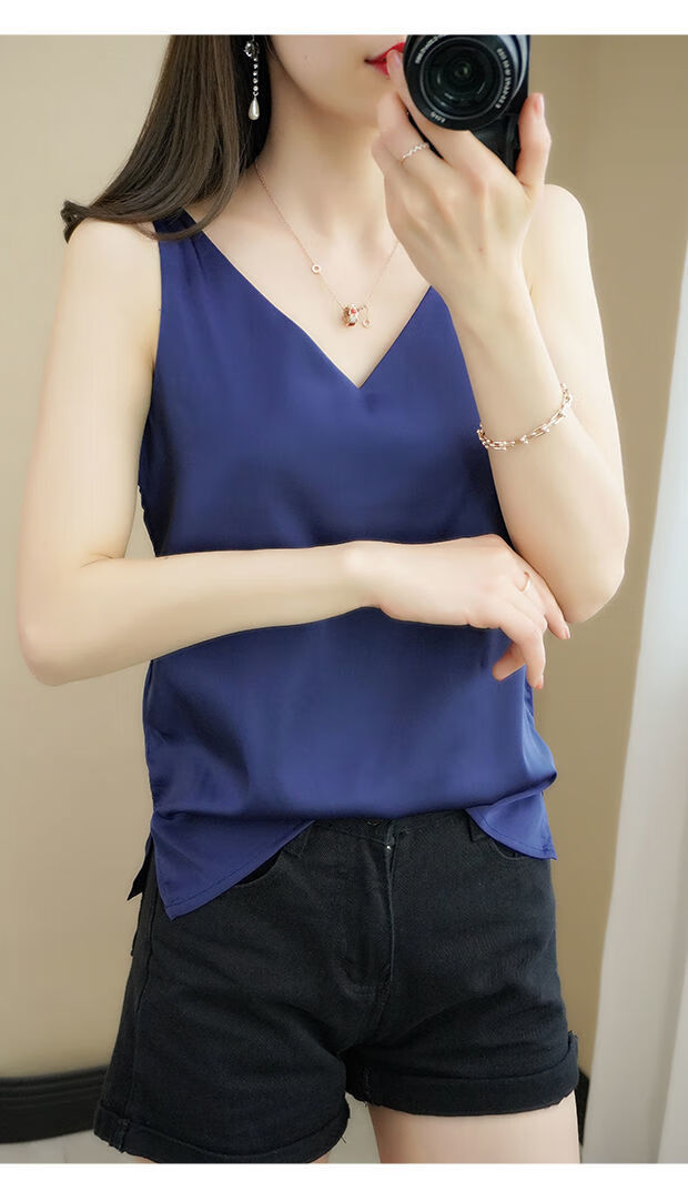 吊带背心女丝绸缎面新款双肩带上衣夏季v领内搭西装白色黑色打底 香槟