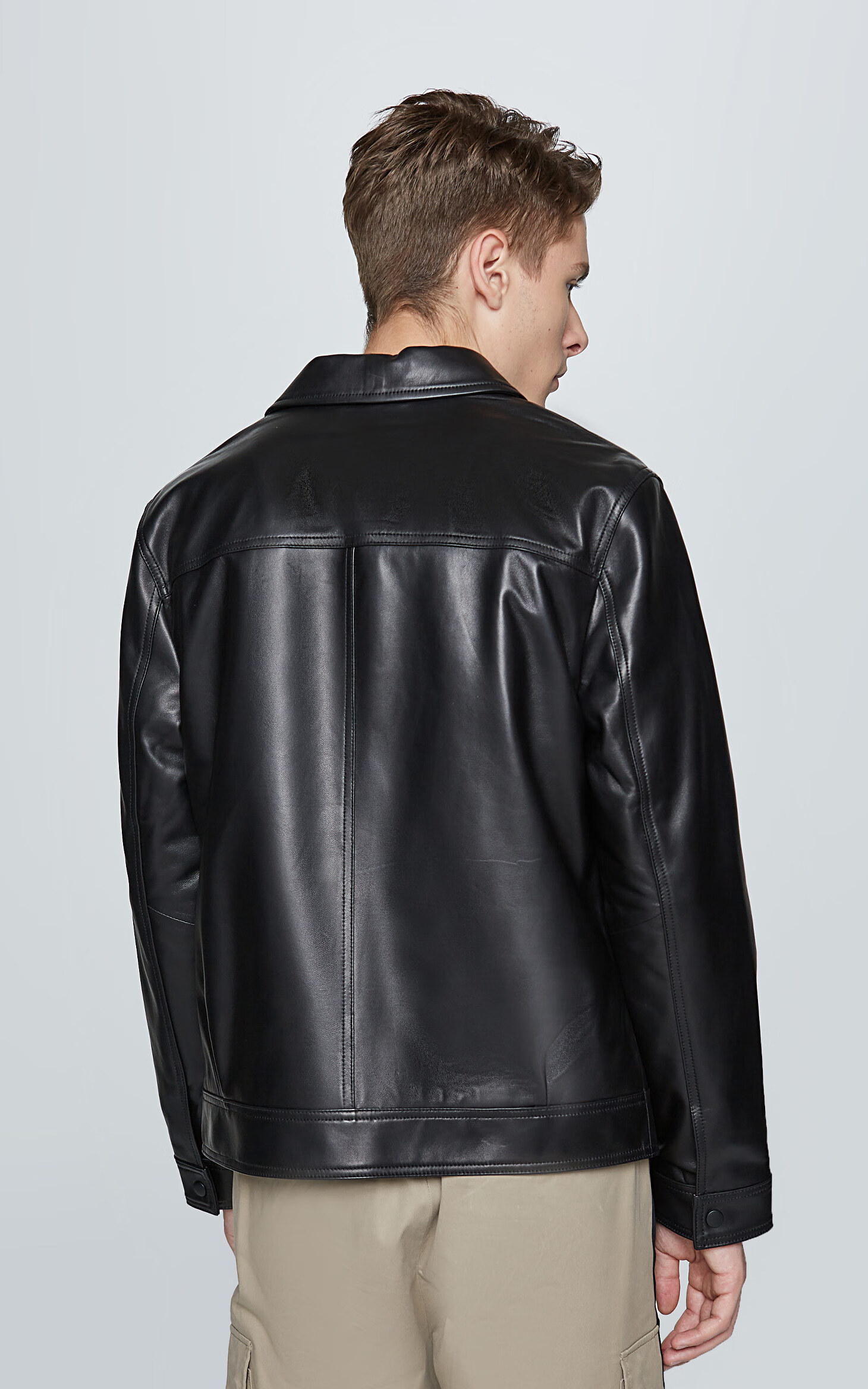 selected思莱德男士新品羊皮翻领拼接复古多口袋皮衣s420410003 黑色 