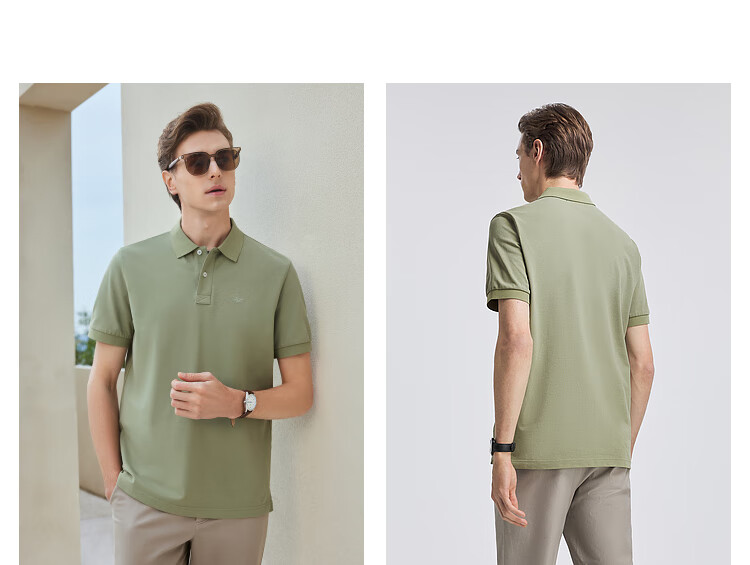 YOUNGOR [Breathable Moisture-Wicking Cotton] Lapel Flat-Backed Shape-Retaining Short-Sleeve POLO Shirt, Dark Green, 2XL 10