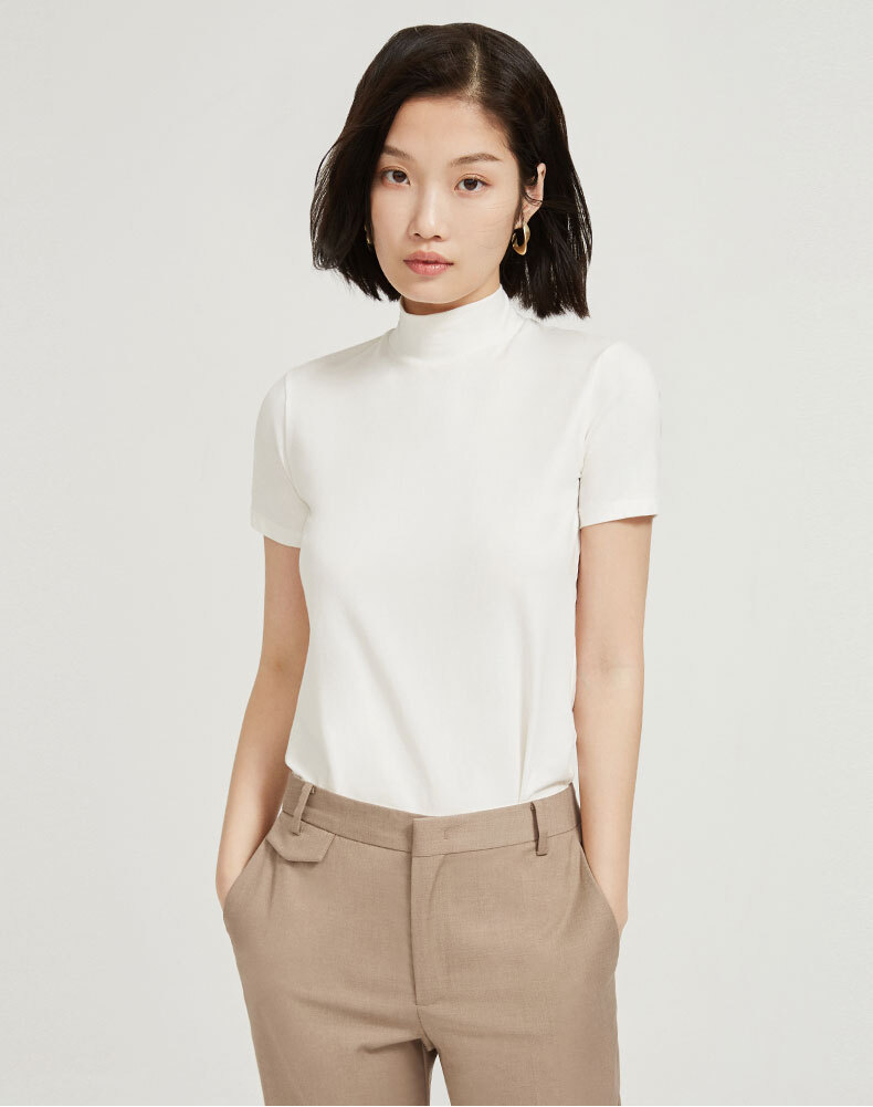 商场同款naivee纳薇2021夏季新款简约高领短袖白色t恤打底上衣女 纯白
