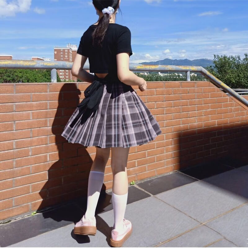 婍妡jk制服 格裙套装全套少女学生百褶裙短裙 极夜之歌 黑短袖 领结