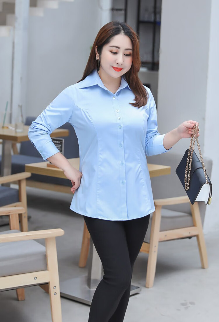 阿亨胖mm胖妹加肥加大遮肚子通勤ol正装胖200斤长袖白衬衫春秋季加肥