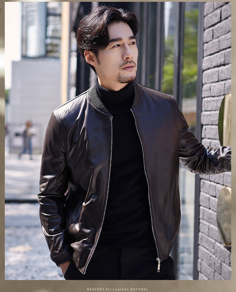 真正皮皮衣男修身韩版潮流青年飞行皮夹克海宁绵羊皮棒球领黑色款式