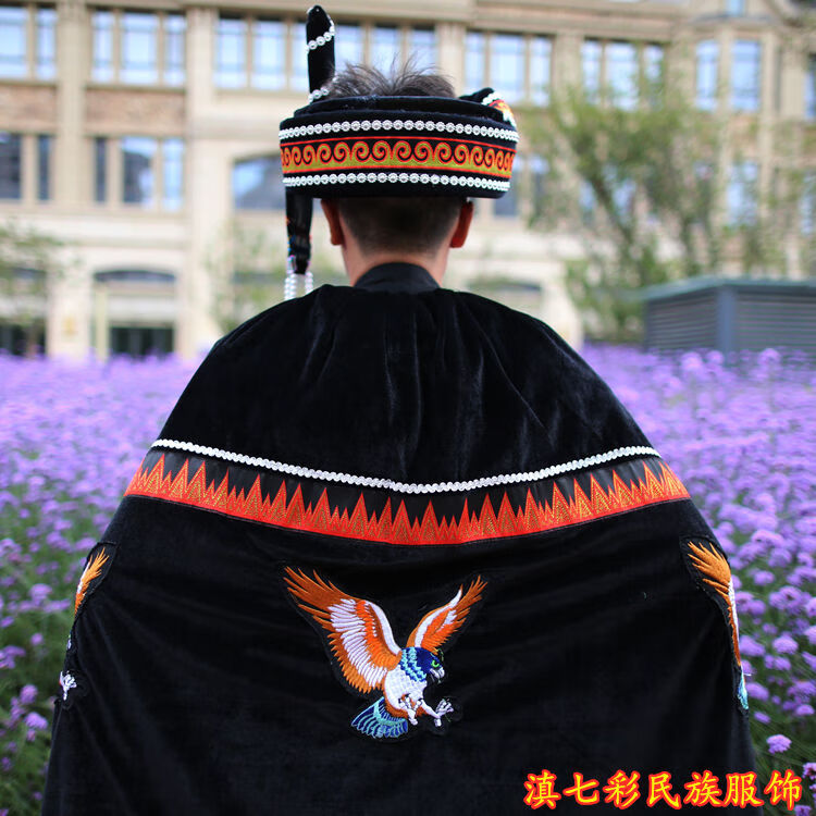新款彝族披风男款红肩长斗篷彝族火把节服饰彝族舞蹈服装全黑披风均码