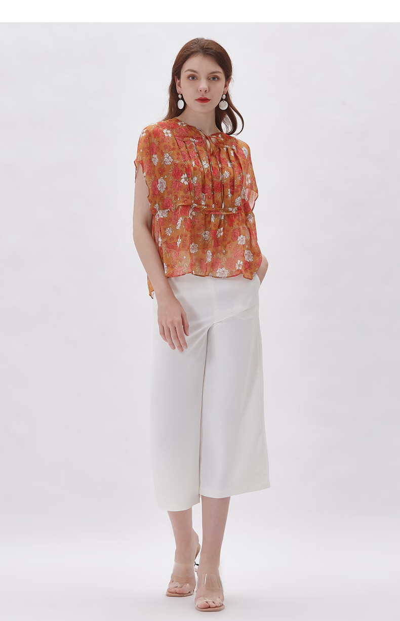 舒朗2020夏季新款通勤时尚收腰短款印花雪纺衫dsj2g01橘色11l