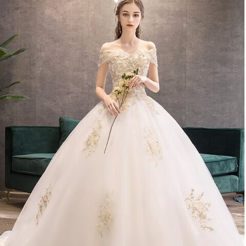 婚纱2021新款新娘女一字肩公主显瘦森系法式超仙星空长拖尾白色裙撑m