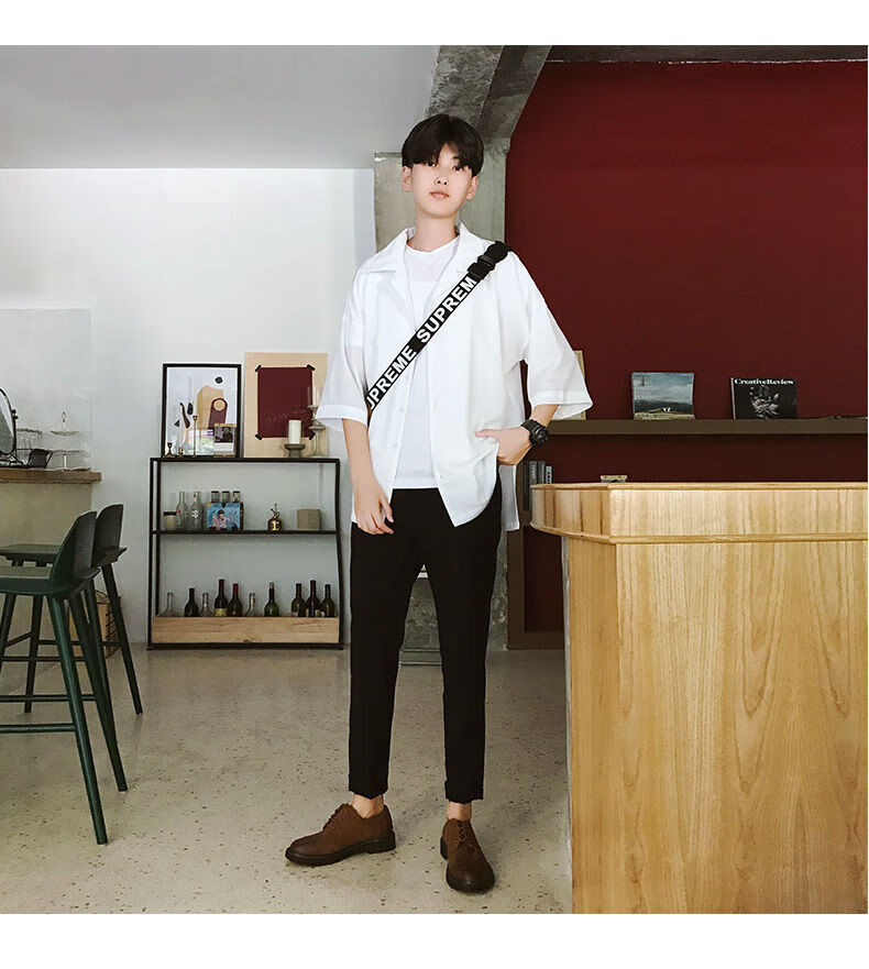 夏季休闲套装男七分袖衬衫帅气潮流穿搭一套搭配港风宽松短袖衬衣白色