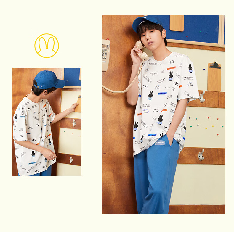 miffy米菲短袖t恤男2022夏季新款创意满印男生宽松字母印花上衣潮