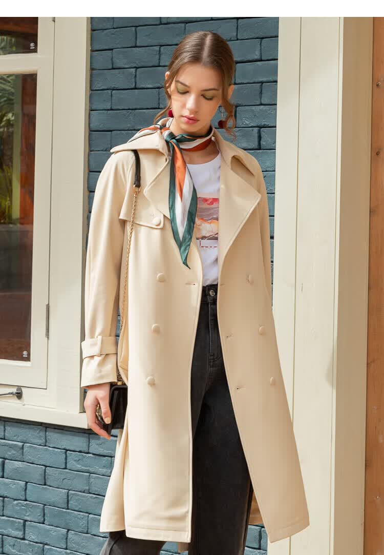 lagogo拉谷谷2021春秋新款外套驼色修身休闲双排扣长款过膝风衣女kaf