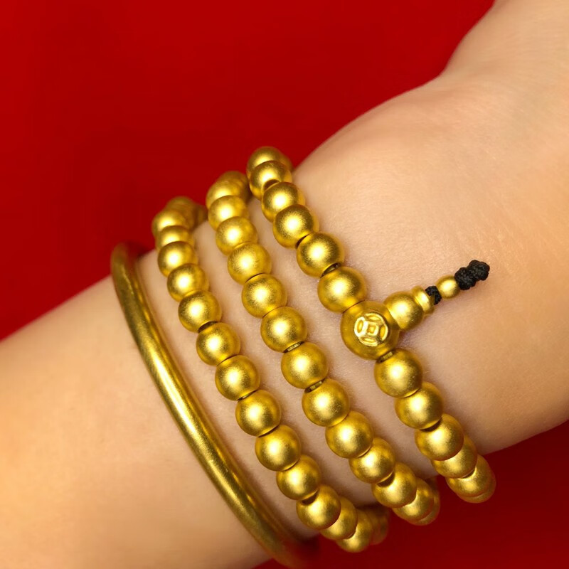 老凤凰黄金古法手链999足金3圈转运珠6mm金珠传承108佛珠路路通手串