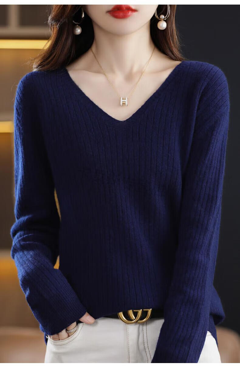 大领口毛衣女软糯感v领打底衫春秋冬针织衫内搭低领羊毛宽松外穿上衣l