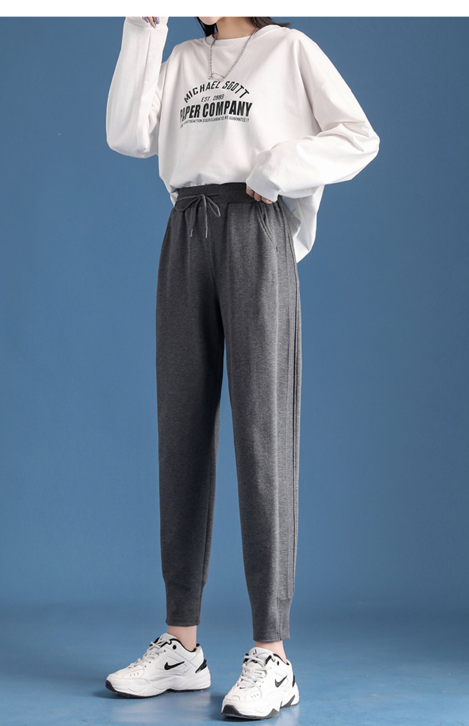 【专营店正品】灰色运动裤女宽松束脚春秋高腰显瘦卫裤ins潮小个子