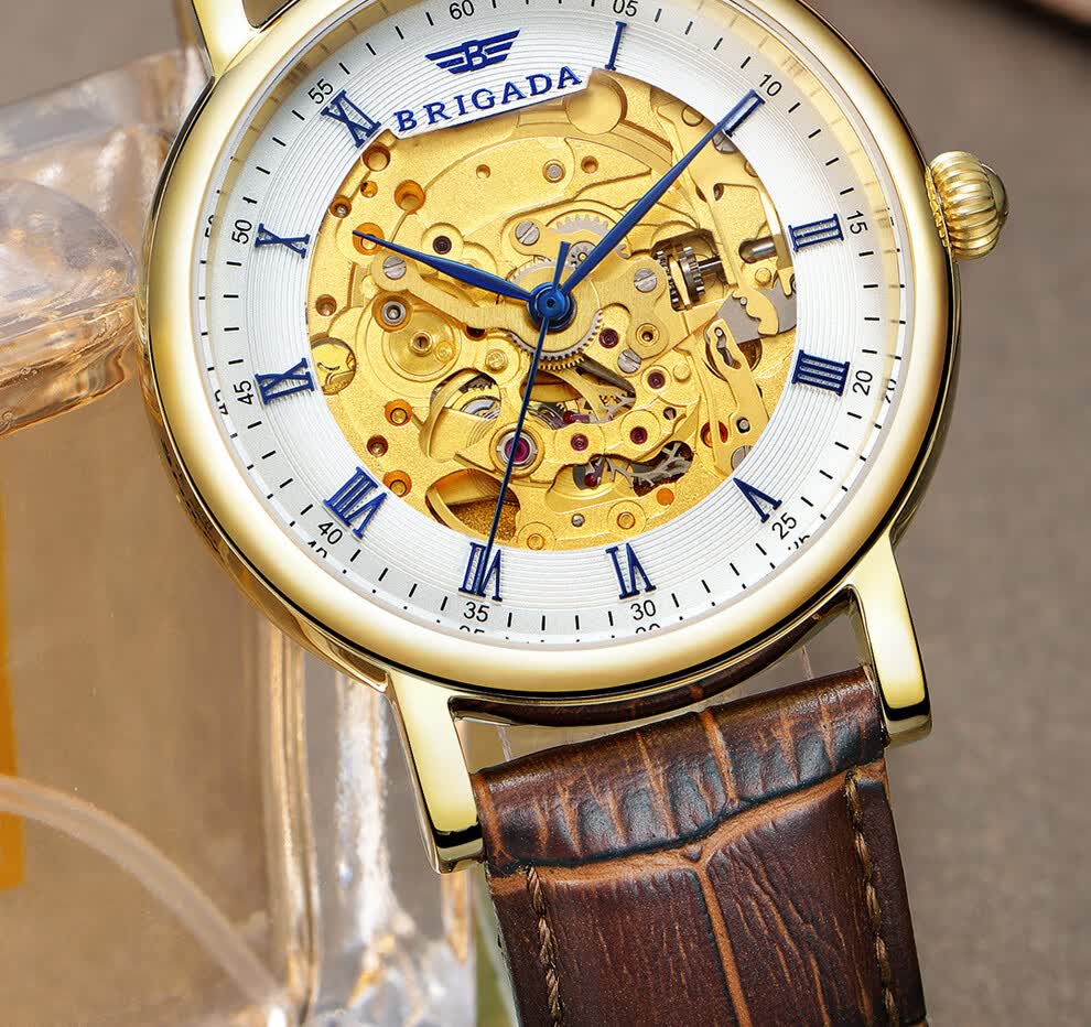 宝茄达brigada手表男机械自动机械男表防水镂空机械表进口机芯牛皮棕