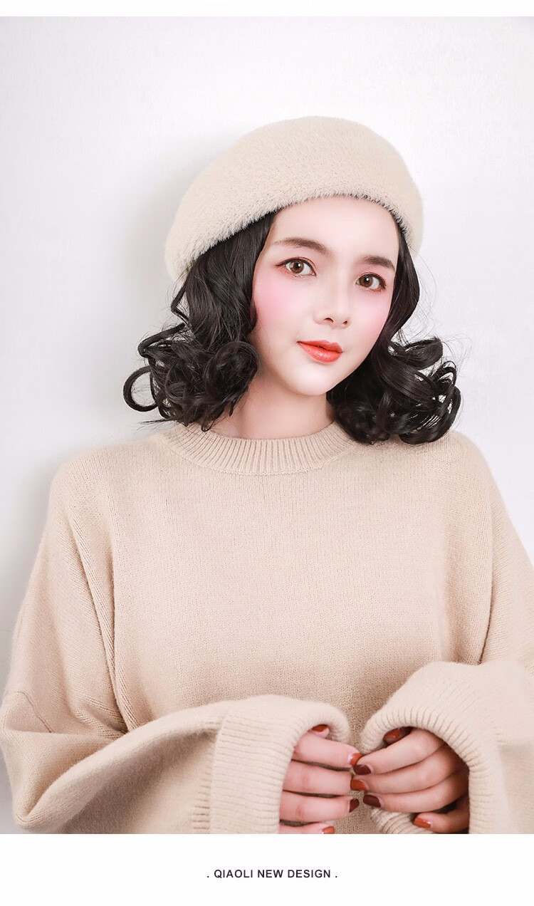 假发女秋冬一体帽子假发貂绒贝雷帽一体整顶女士假发黑色假发橘红色
