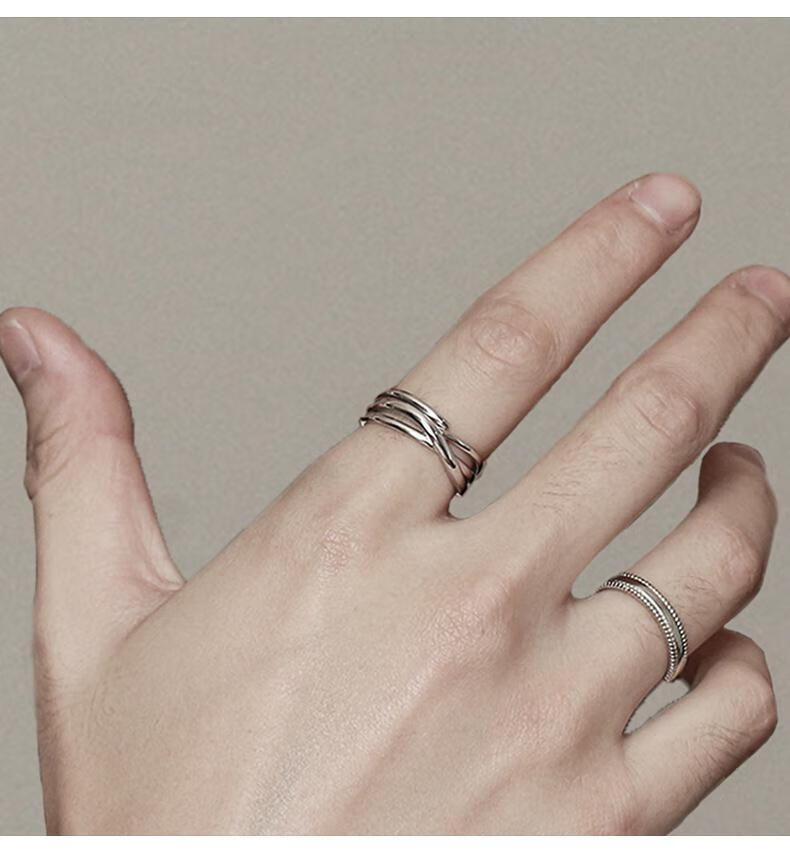 伸缩戒指银男925银戒指男潮个性ins韩版开口单身戒港风叠戴组合指环
