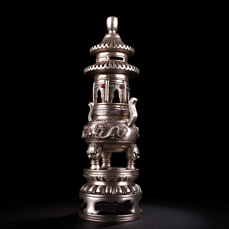 铜人艺巷全铜白铜塔香炉塔式熏香炉带底座盘香炉香薰炉三足鼎炉家居