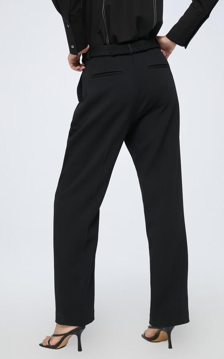 selected思莱德新时尚褶皱腰带直筒纯色通勤西裤女s421118007白色