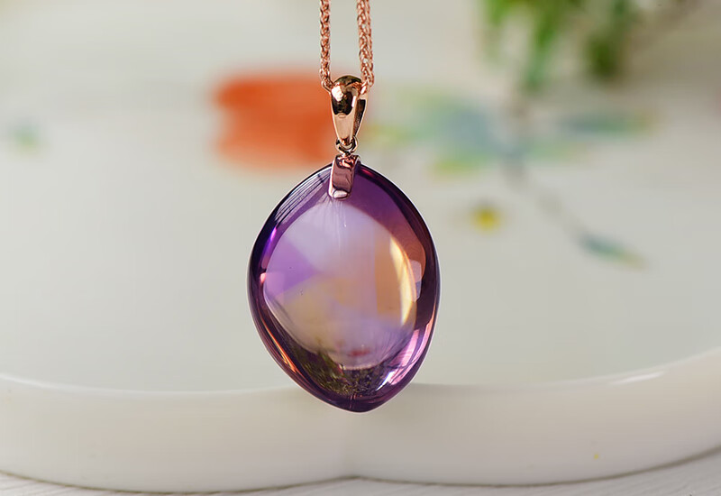 旭元天然水晶18k金镶天然紫黄晶水滴吊坠项链原石精雕小巧规格约