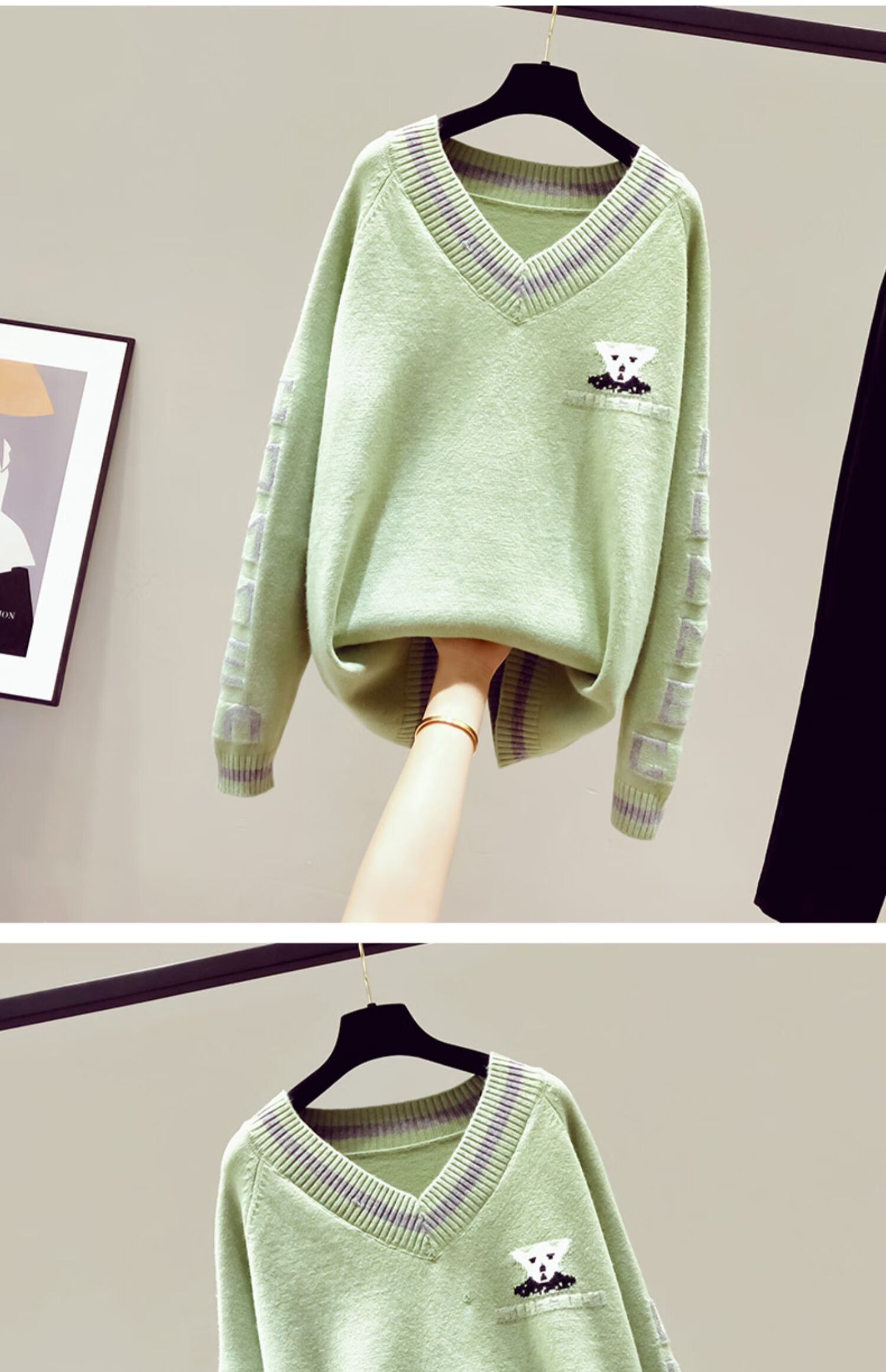 bkmr2021年新款女士新年毛衣服秋冬装v领本命牛年红宽松外穿洋气 黑色